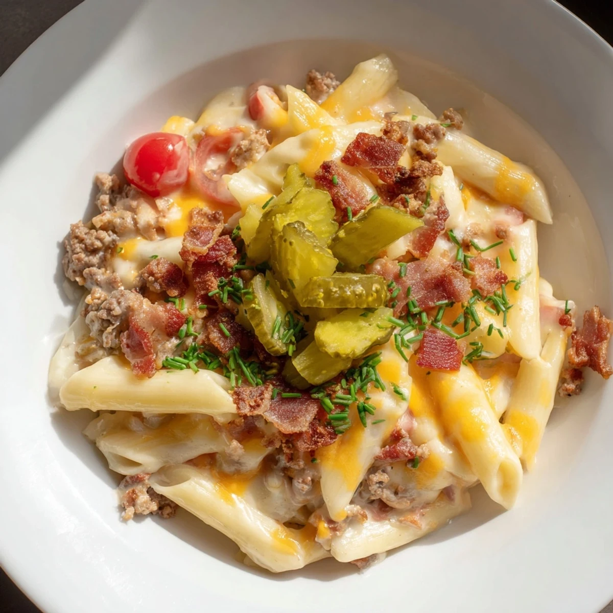 A bubbly casserole of Bacon Cheeseburger Pasta Bake with crispy bacon and melted cheese.