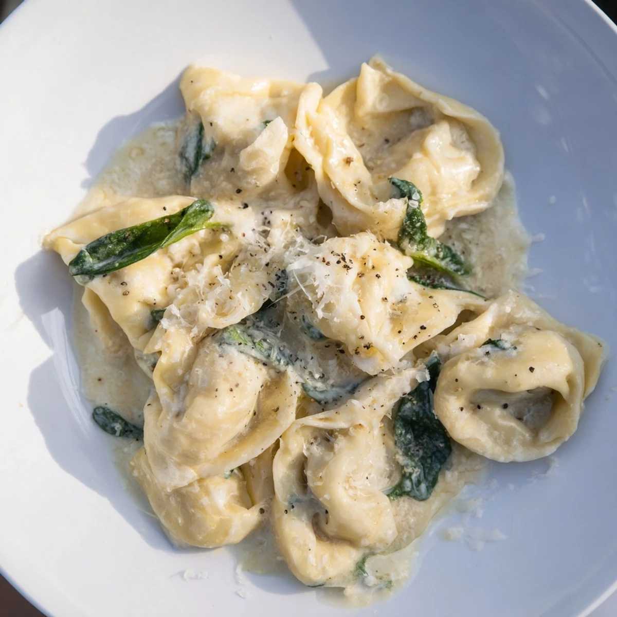 A comforting bowl of Creamy Spinach Alfredo Tortellini, featuring rich Alfredo sauce coating the cheese-filled pasta.