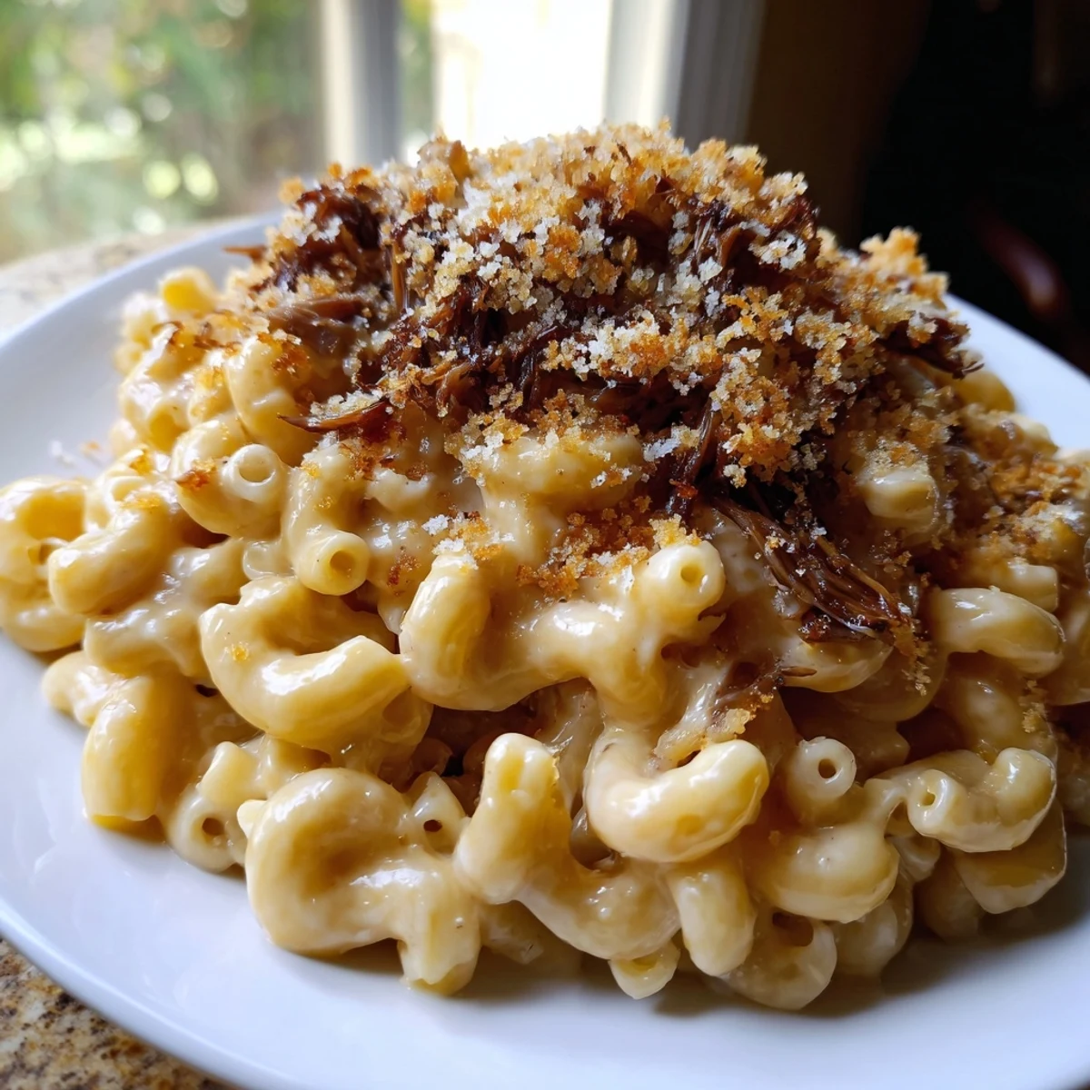Golden crust tops this barbecue pulled pork mac and cheese, a comforting baked dish with smoky flavors.