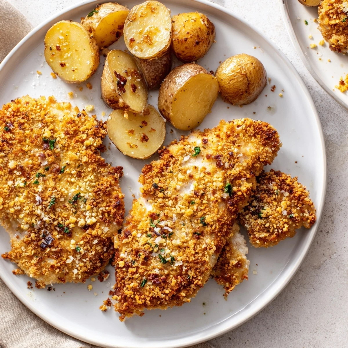 Golden, crispy Parmesan crusted chicken & potatoes, ready to enjoy with a squeeze of lemon.