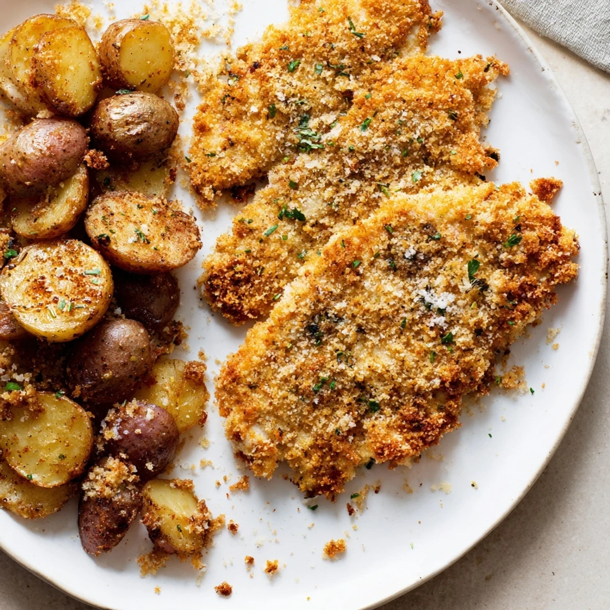 Oven-baked Parmesan crusted chicken & potatoes, featuring flavorful herbs and perfectly roasted baby potatoes.