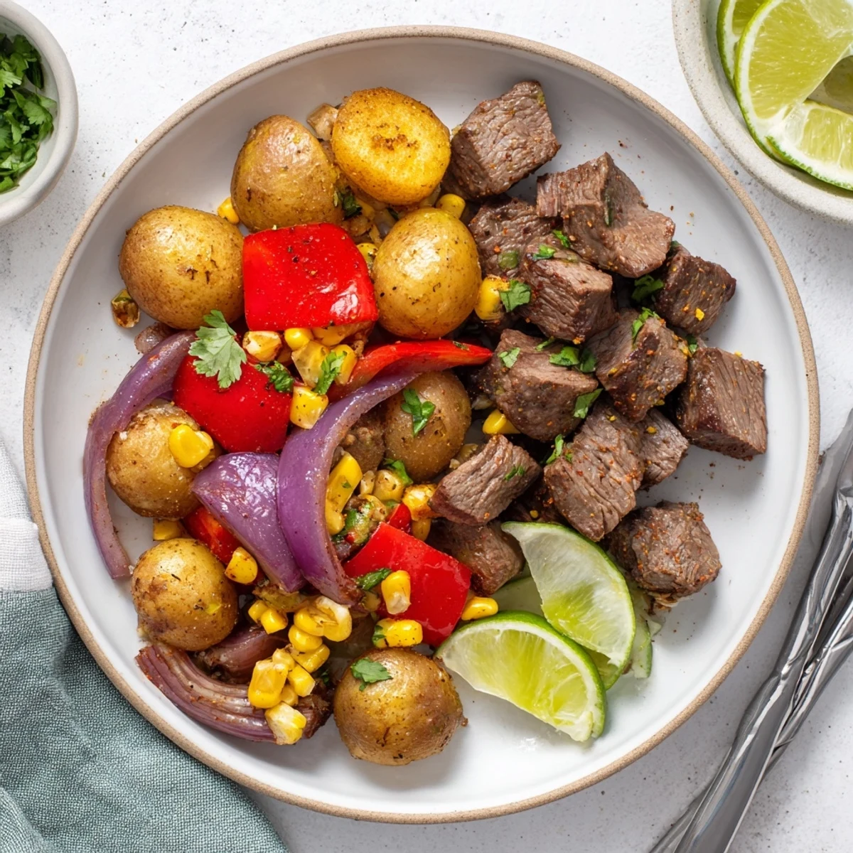 A close-up of a sizzling Southwest Steak & Potato Skillet, ready to serve with fresh lime wedges.