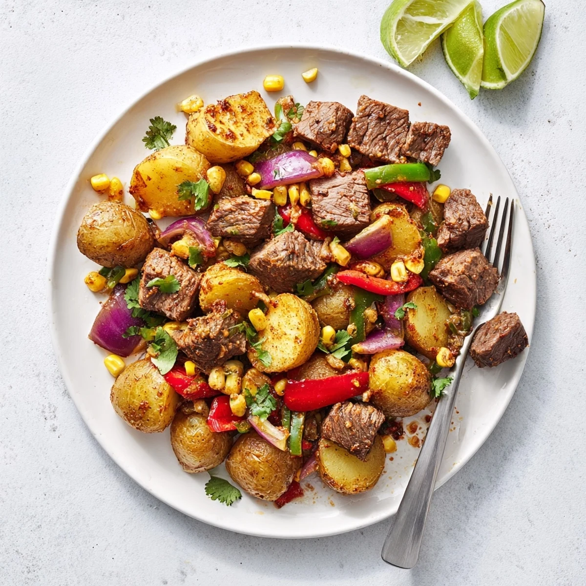 Golden, crispy potatoes are visible within the delicious Southwest Steak & Potato Skillet recipe.