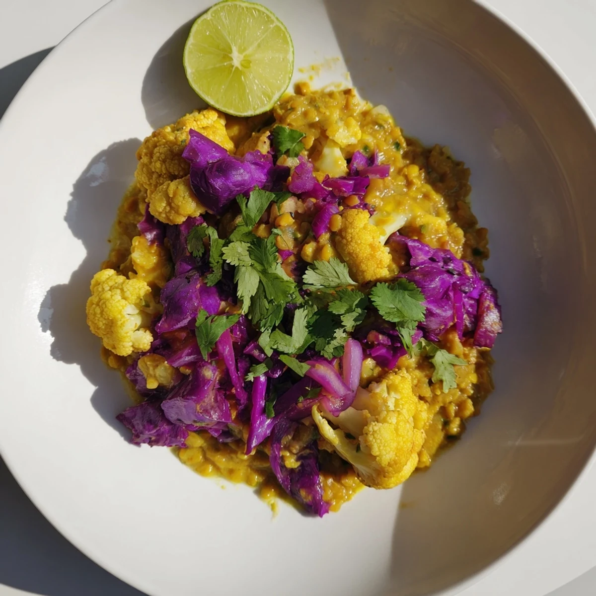 A steaming bowl of Red Cabbage, Cauliflower & Coconut Dhal, garnished with fresh cilantro and lime.