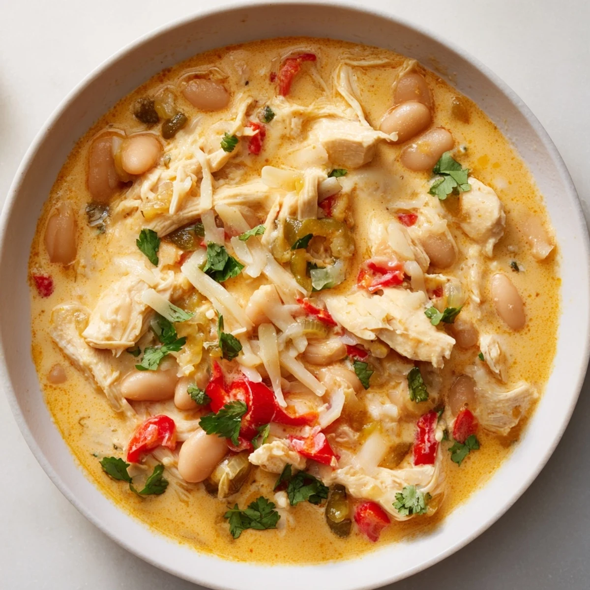 Creamy White Chicken Chili with Beans, a rich and inviting stew, garnished with fresh cilantro and cheese.