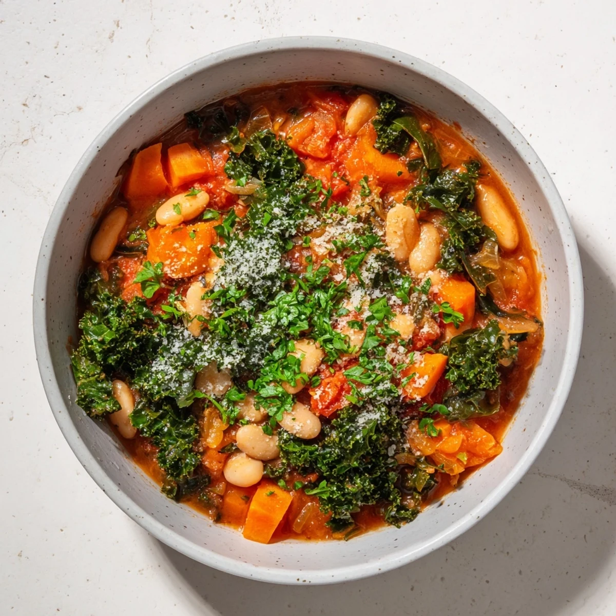 A steaming bowl of Italian Bean & Kale Stew, showcasing tender beans and vibrant green kale.