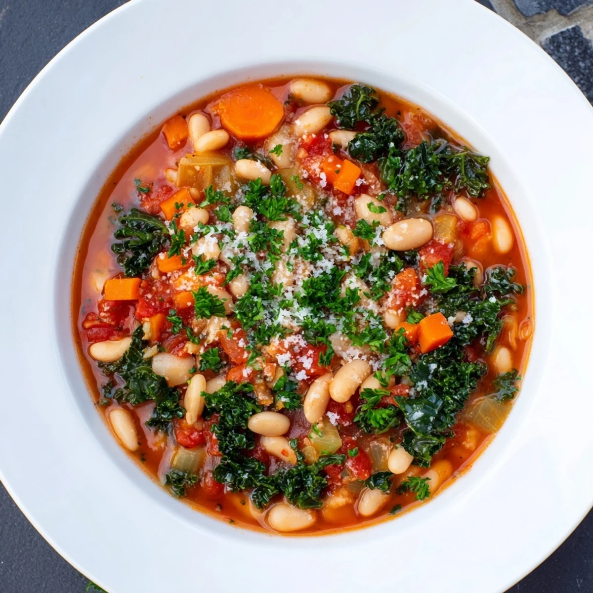 Hearty Italian Bean & Kale Stew, garnished with fresh herbs and Parmesan, ready to serve with crusty bread.