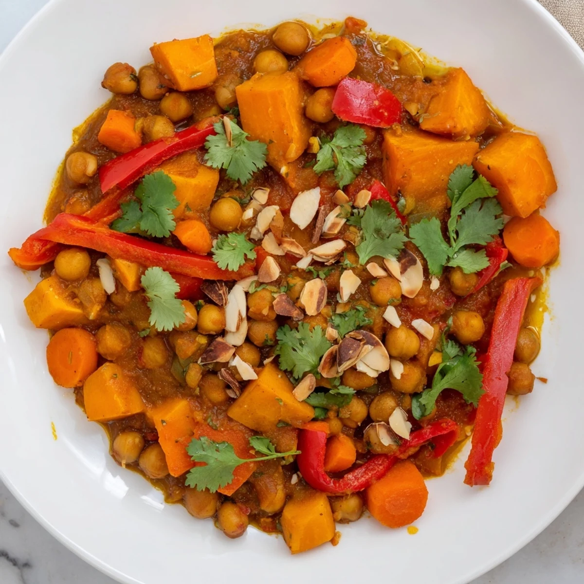 A steaming bowl of Moroccan Chickpea & Sweet Potato Tagine, garnished with fresh cilantro and almonds.