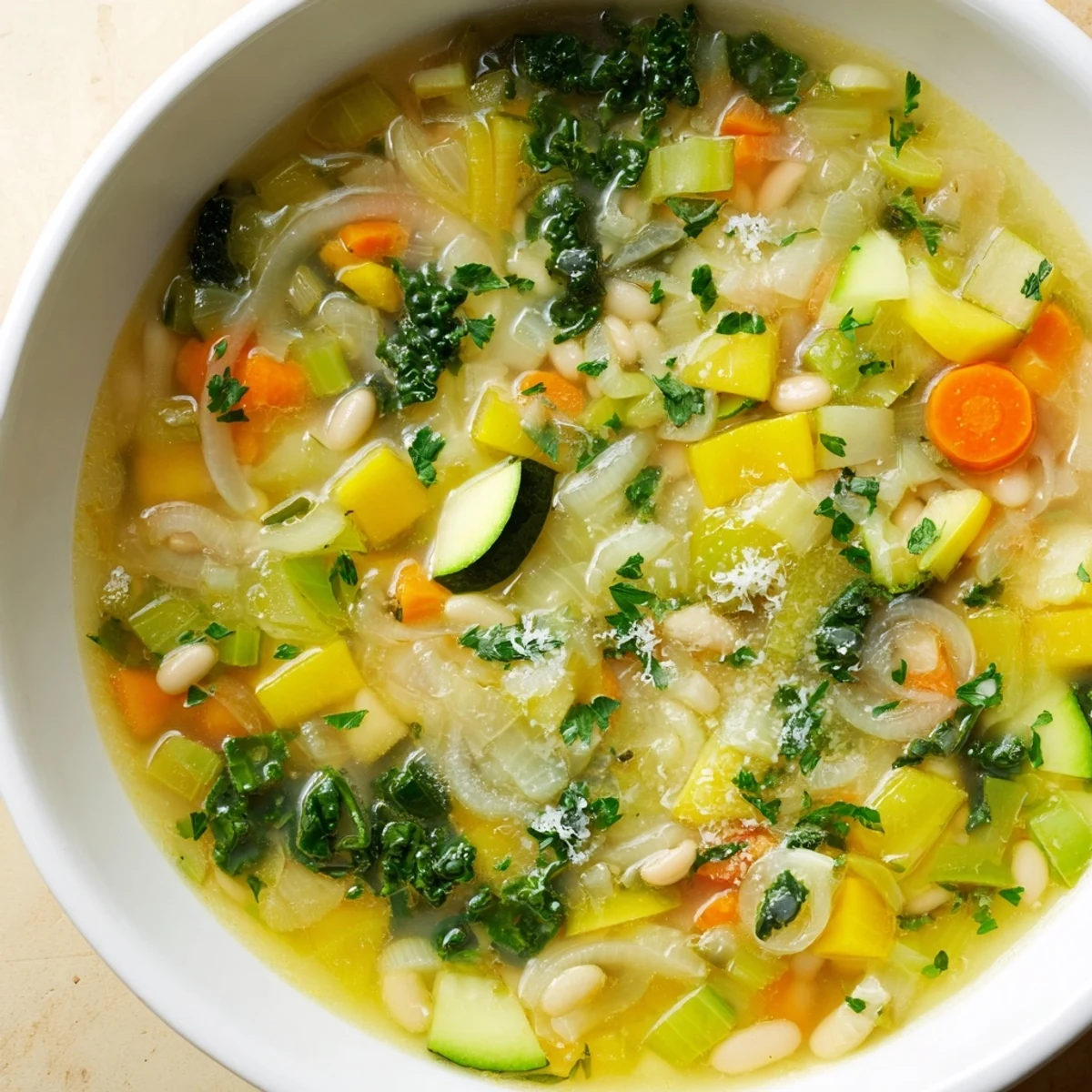 Steaming hot Minestrone with Quinoa, offering a comforting aroma with fresh parsley garnish.