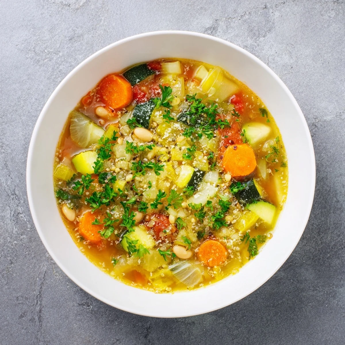 A colorful bowl of Minestrone with Quinoa, featuring vibrant vegetables and creamy cannellini beans.