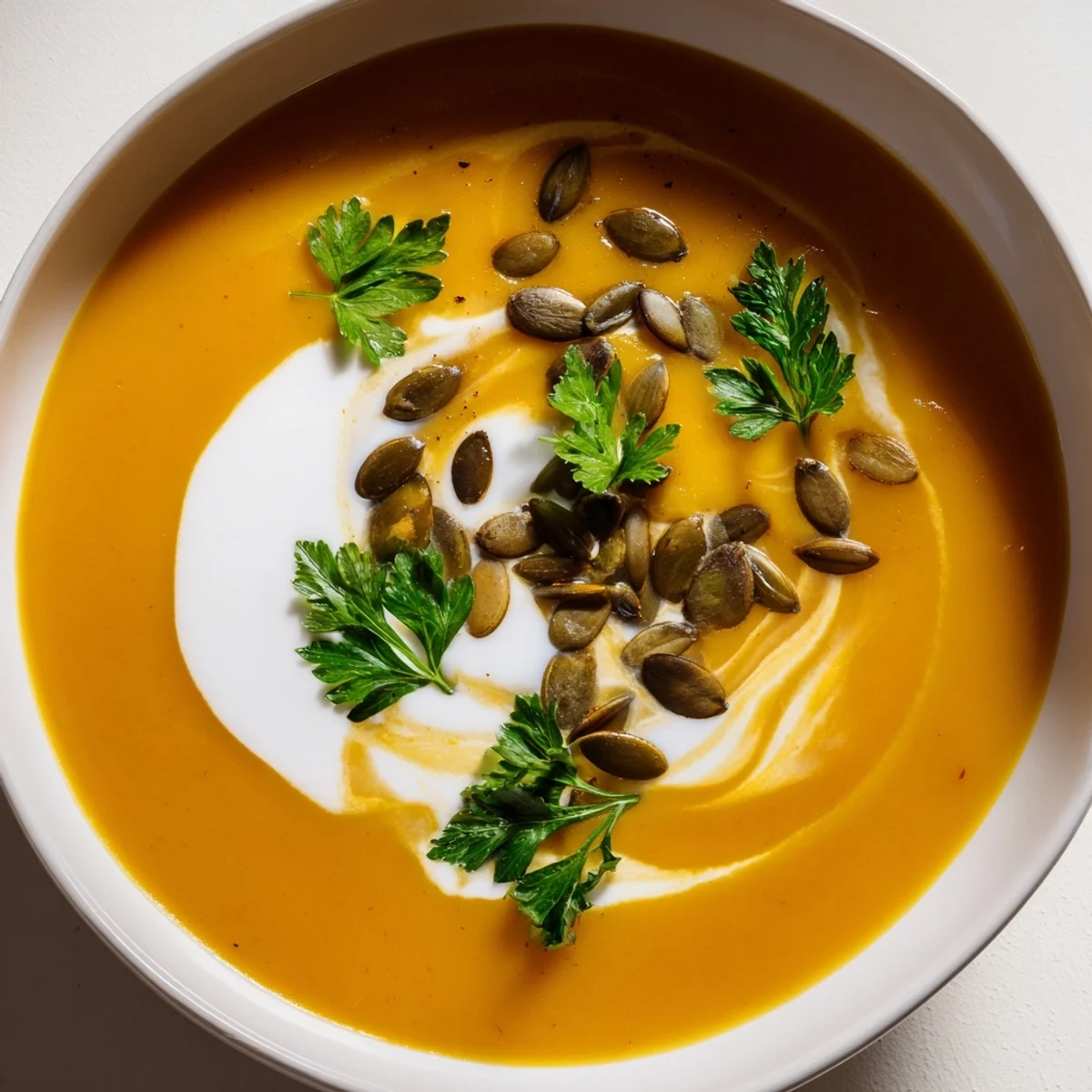 A bowl of warm butternut squash and pear soup with a swirl of cream, inviting you in.