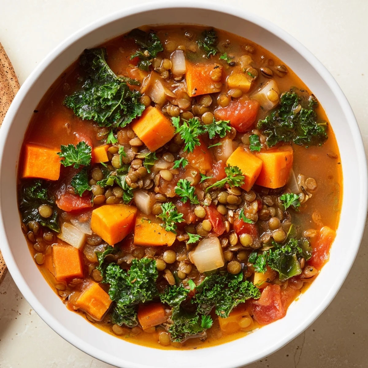 Steaming bowl of Winter Vegetable & Lentil Soup, full of colorful vegetables, perfect for a cozy dinner.