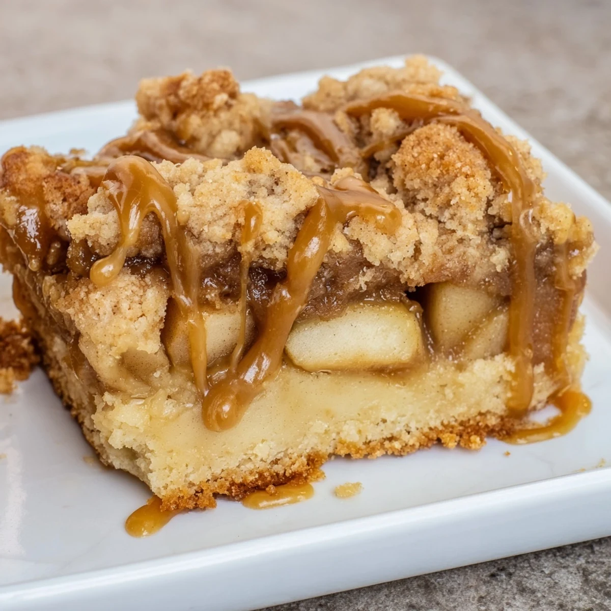 A warm Caramel Apple Cookie Bar, showcasing layers of apple and gooey caramel filling.