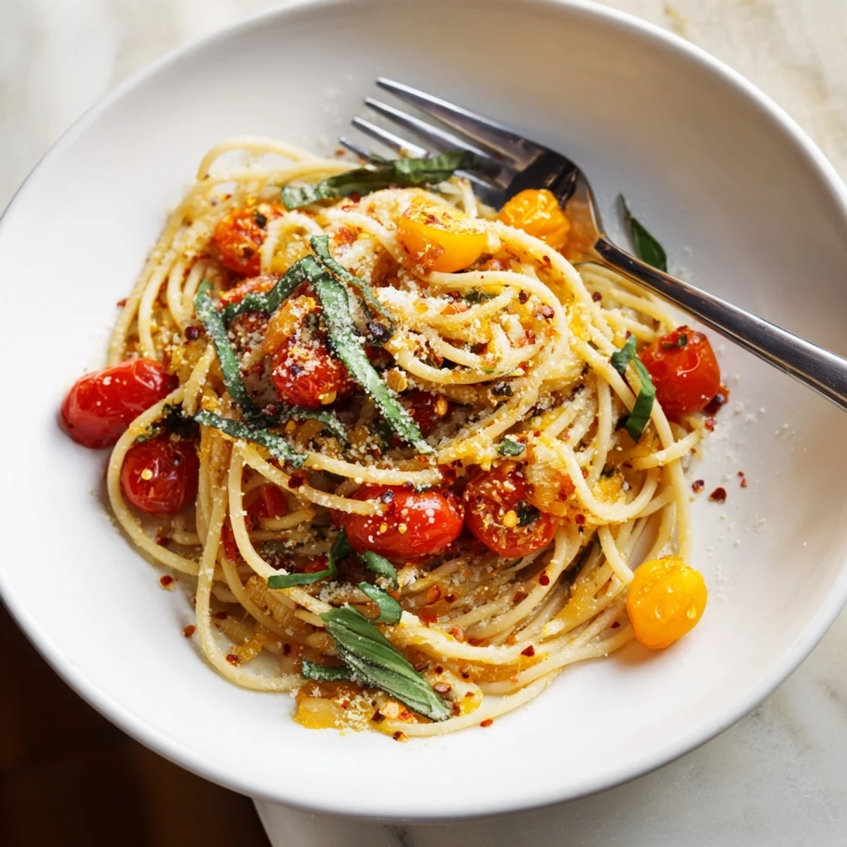Steaming bowl of Lazy-Girl Pasta, glistening with tomatoes, ready to enjoy with Parmesan cheese.
