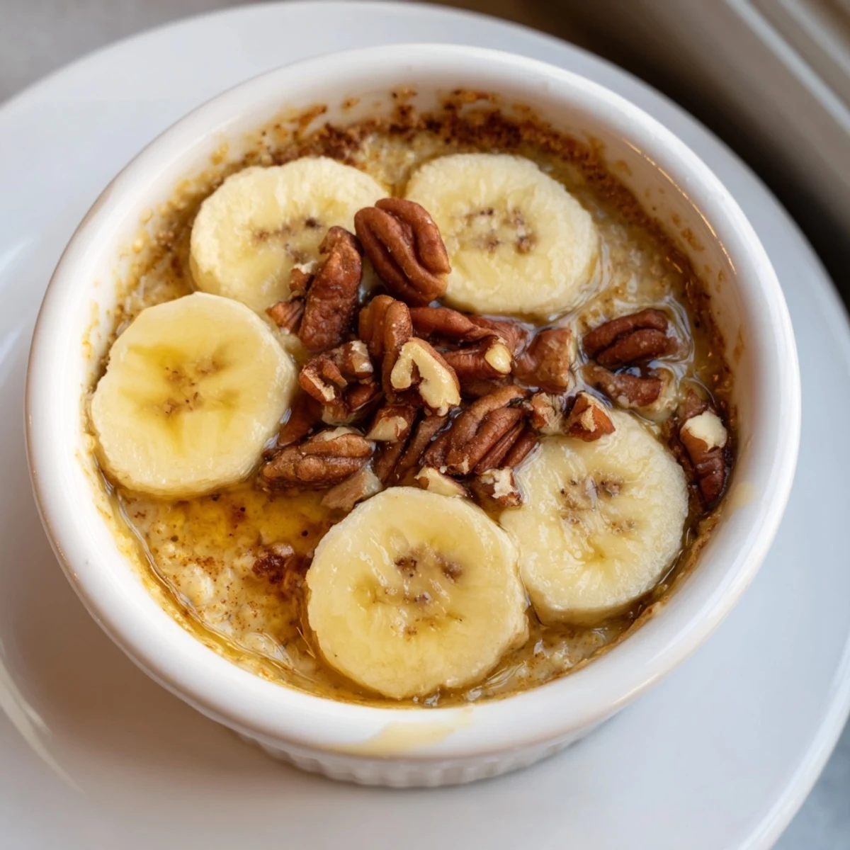Warm, comforting Baked Oats Ramekins showcasing sliced banana and honey drizzle, delicious and sweet.