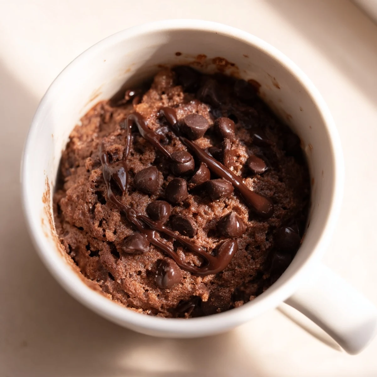 Warm, fluffy microwaved mug cake, perfect for a quick, single-serving chocolate dessert topped with nuts.