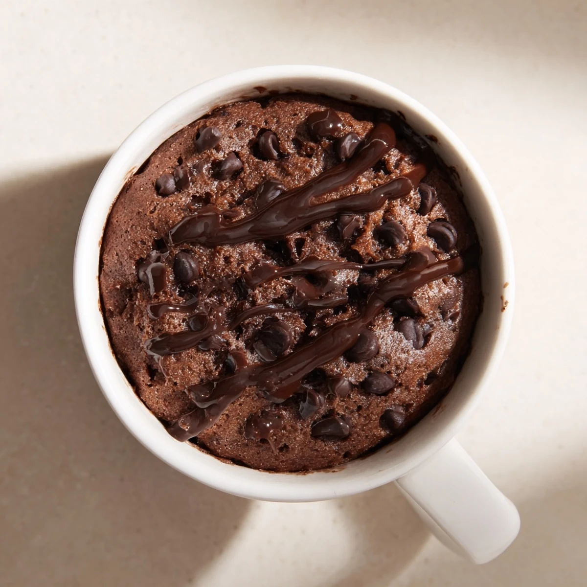 A close-up of a steaming microwaved mug cake, showing rich, dark chocolate ready to eat immediately.