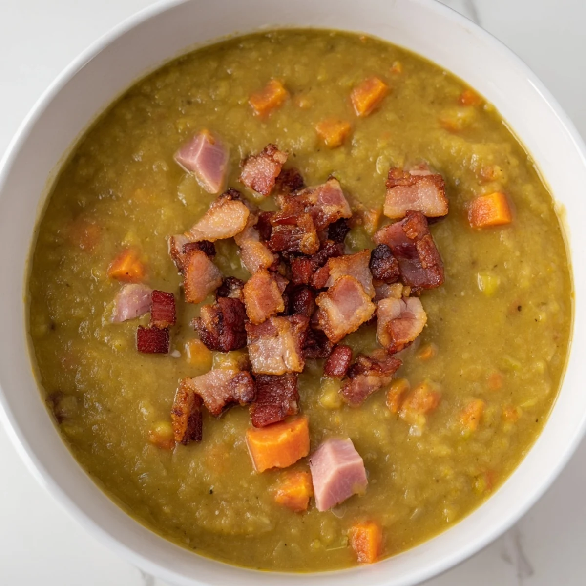 Savory split pea soup, showcasing tender split peas, smoky ham, and crunchy bacon garnish.