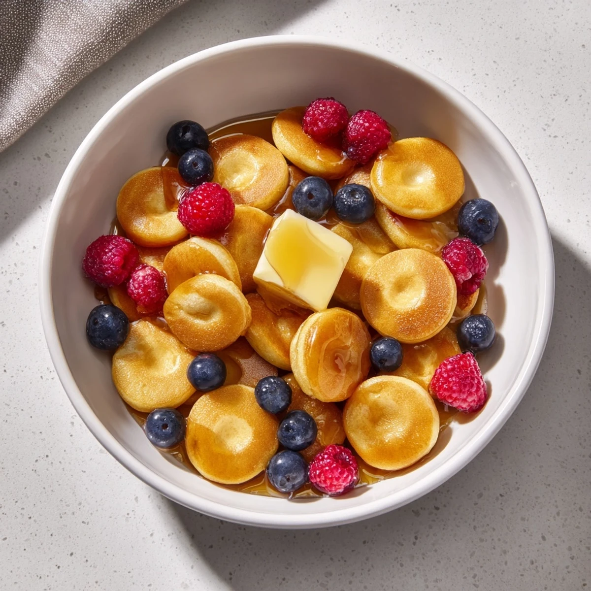 Small, golden brown Pancake Cereal is served in a bowl, ready to be enjoyed as a treat.