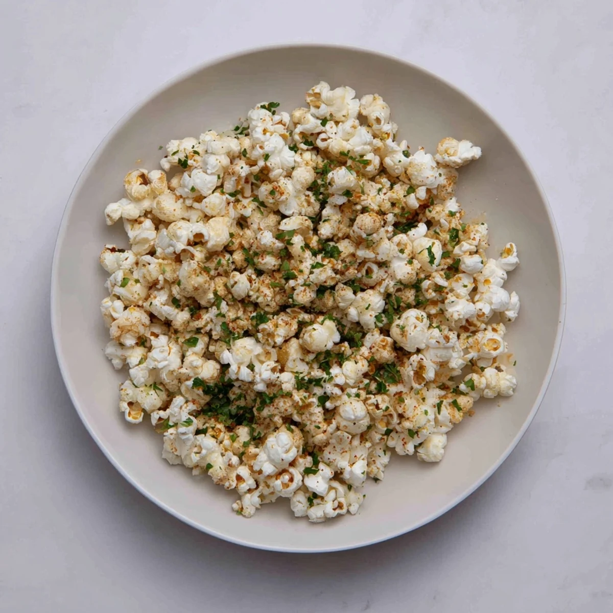 Close-up of a delightful savory popcorn mix, seasoned with herbs, ready to be enjoyed.