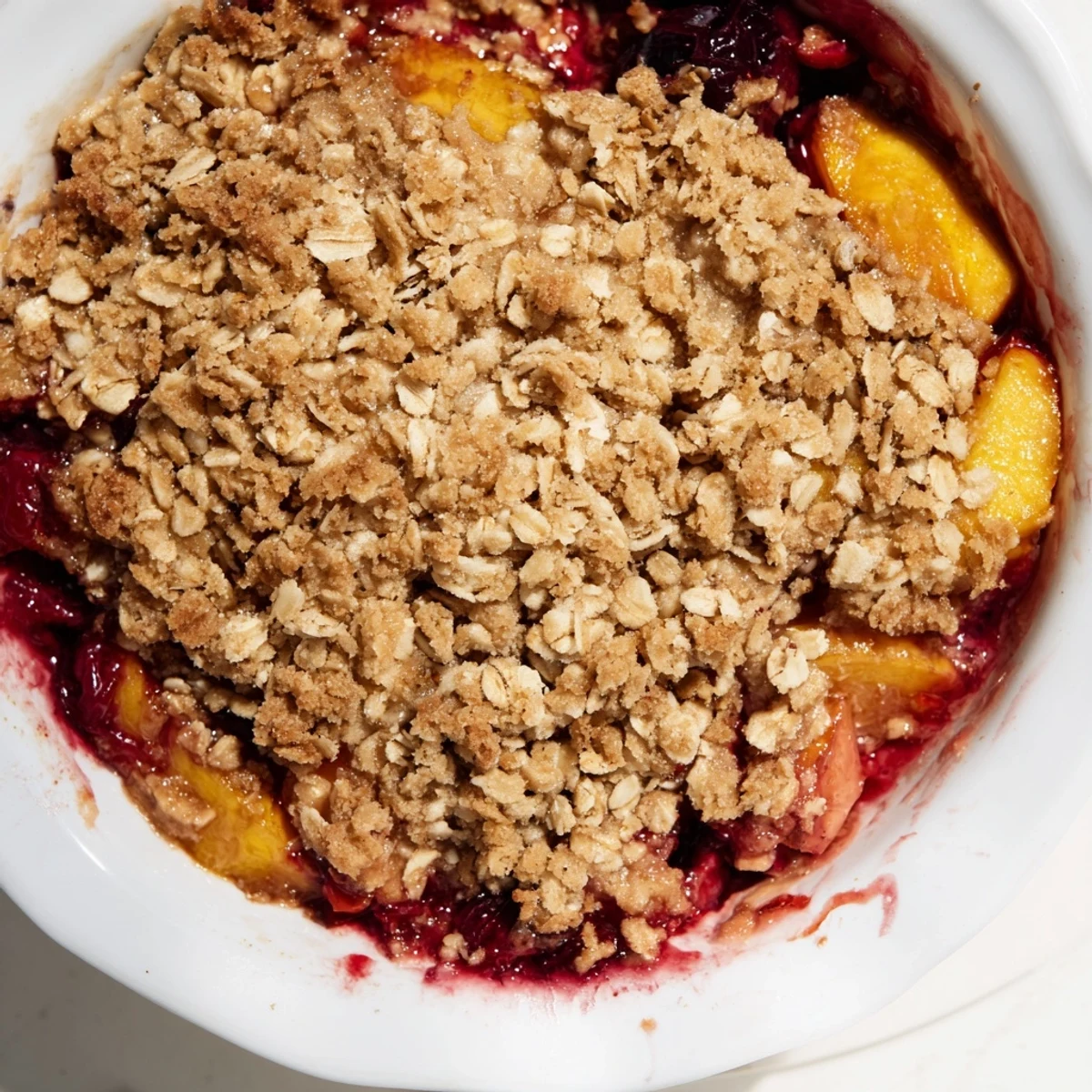 Steaming hot, golden Fruit Crisp, a sweet dessert bubbling with mixed frozen fruit and oats.