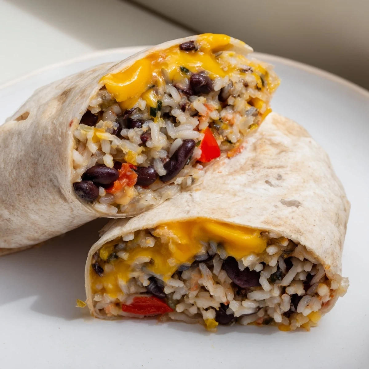 A delicious close-up of fully-packed freezer-friendly burritos wrapped and ready to freeze for later.
