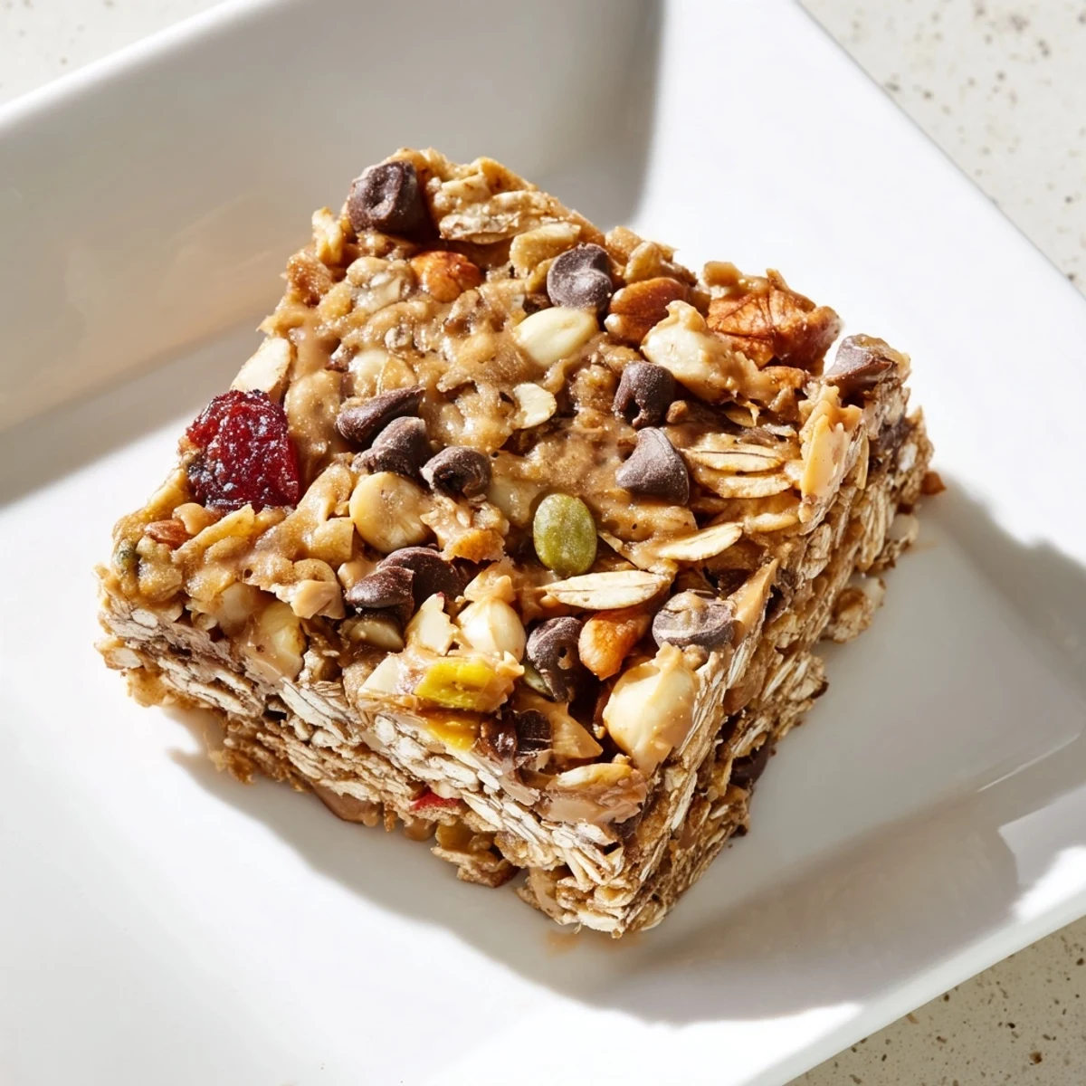 Golden-brown homemade granola bars, chewy and packed with oats, ready to eat for breakfast.