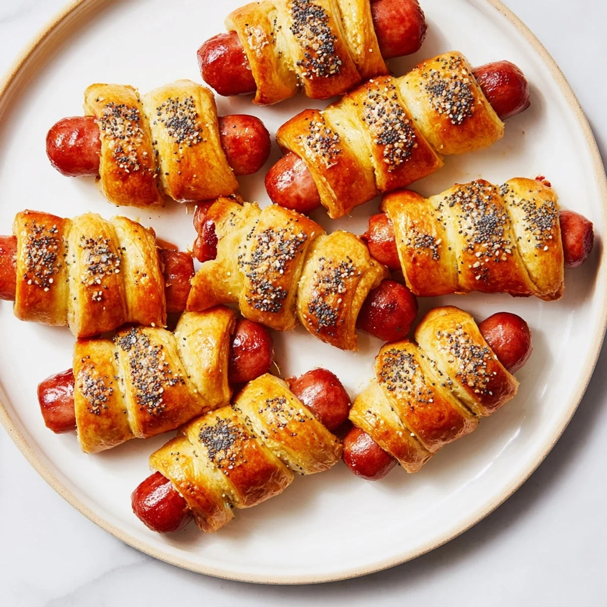 Golden, baked Everything Bagel Pigs in a Blanket, ready to serve with a dipping sauce.