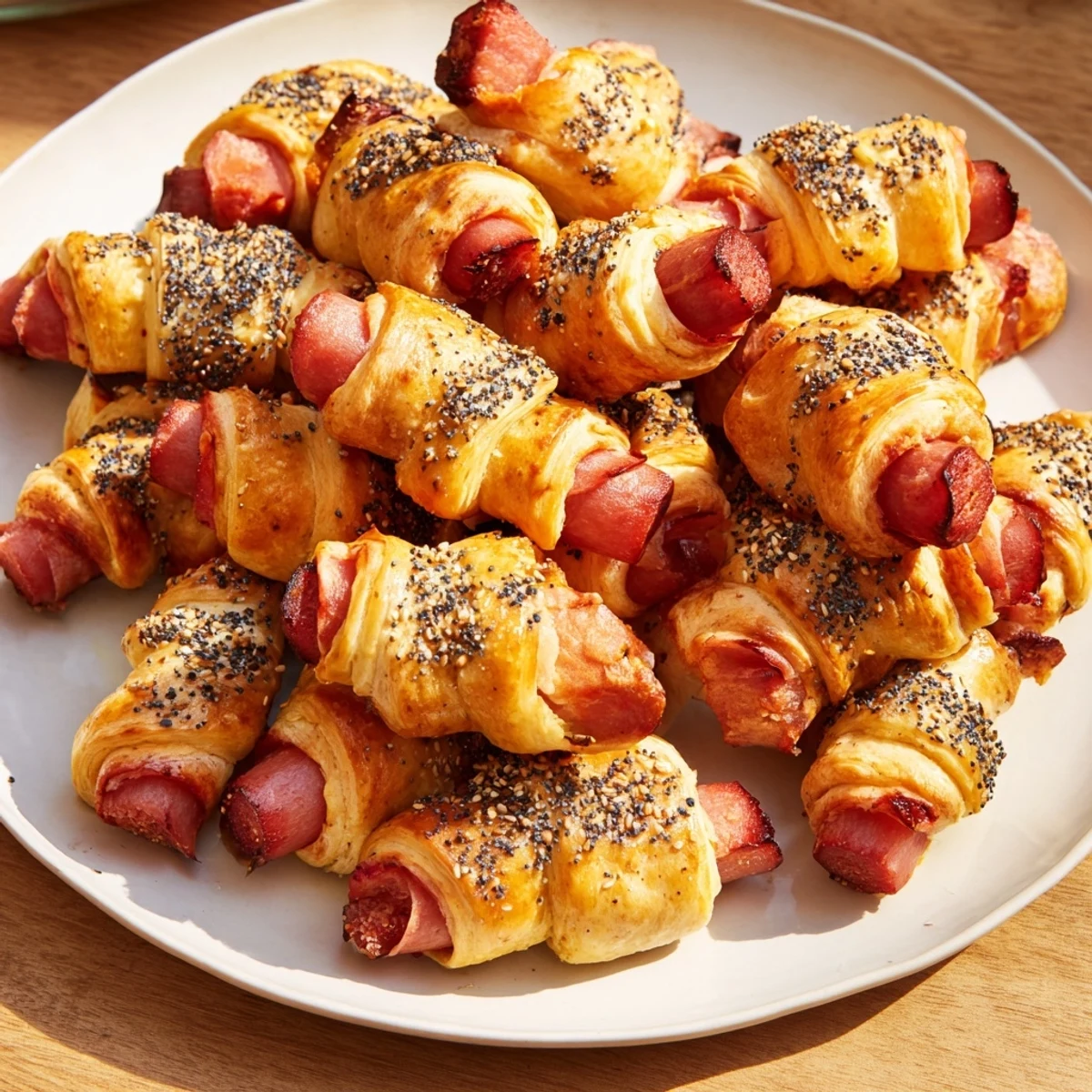 Flaky dough wraps mini sausages in this easy Everything Bagel Pigs in a Blanket appetizer.