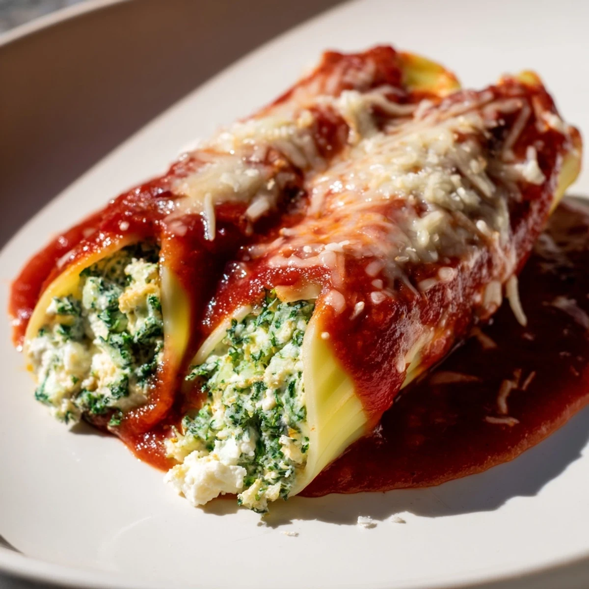 Cozy Broccoli Stuffed Manicotti bubbling in a rich tomato sauce, topped with melted mozzarella cheese.