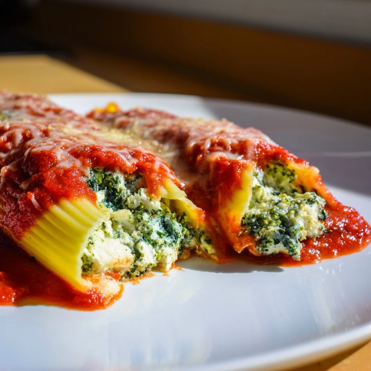 A close-up of baked Cozy Broccoli Stuffed Manicotti, showing the creamy filling and golden crust.