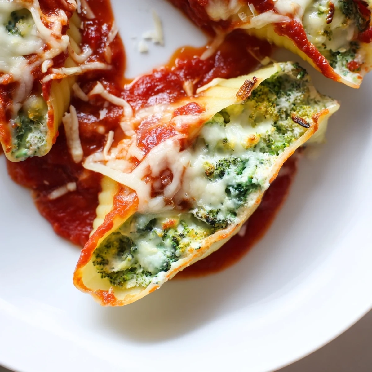 Freshly baked Italian-American Cozy Broccoli Stuffed Manicotti, ready to serve with a garnish of basil.