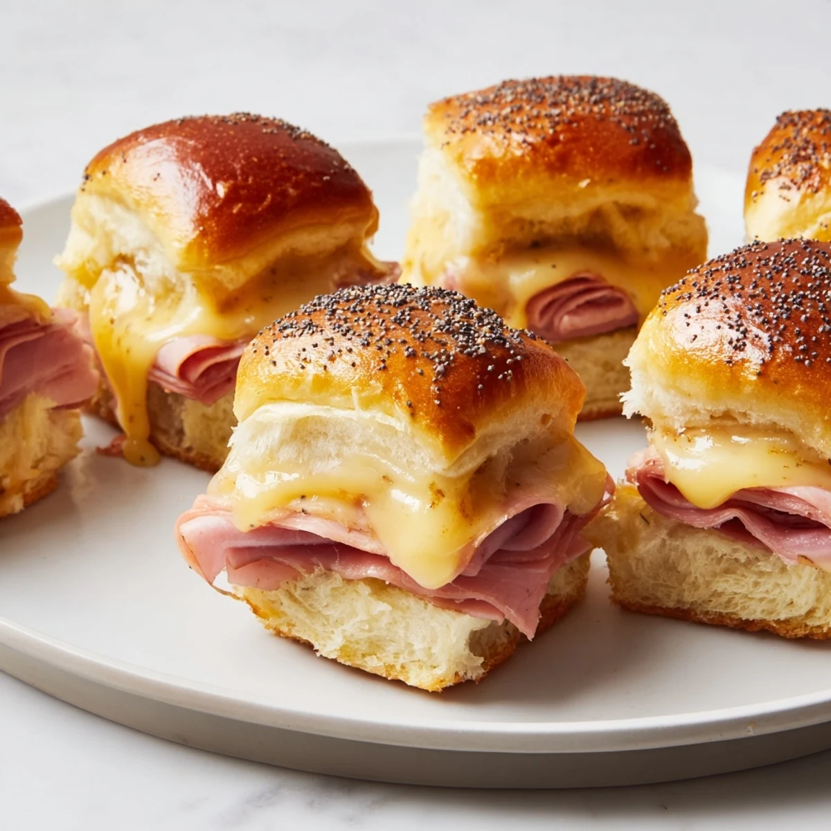 Baked Ham and Cheese Party Sliders, golden and bubbly, with melty Swiss cheese and a savory glaze.