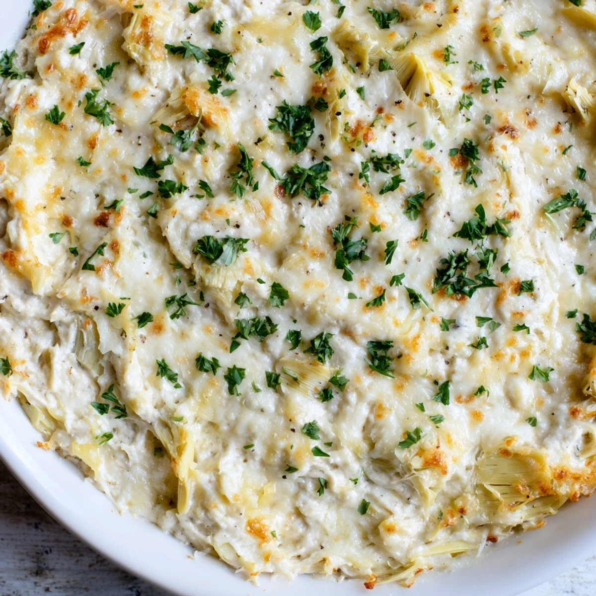 Golden, bubbly Baked Artichoke Dip, a creamy appetizer with tender artichoke hearts and melted cheese.