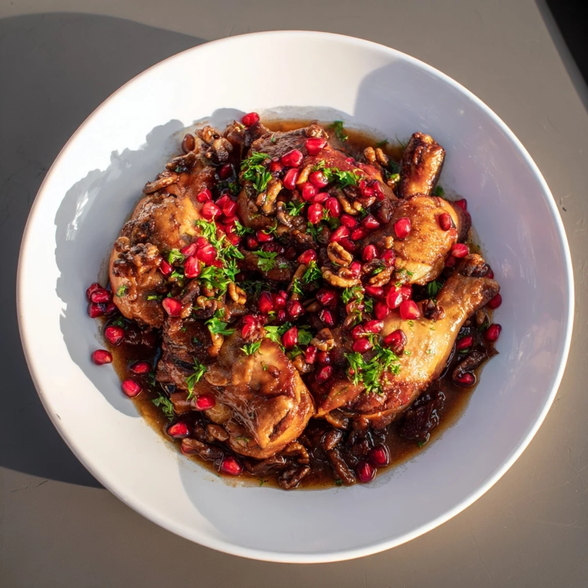 A close-up of steaming Pomegranate Walnut Fesenjan Stew with glistening chicken thighs and a rich, dark sauce.
