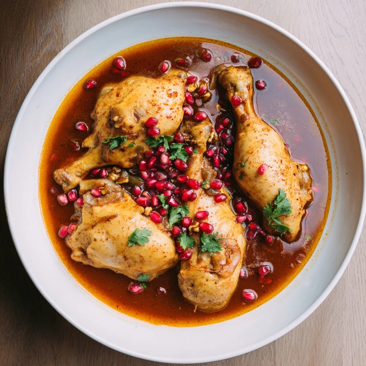 Tender chicken bathing in a luscious, sweet-and-sour Pomegranate Walnut Fesenjan Stew, garnished with ruby pomegranate seeds.