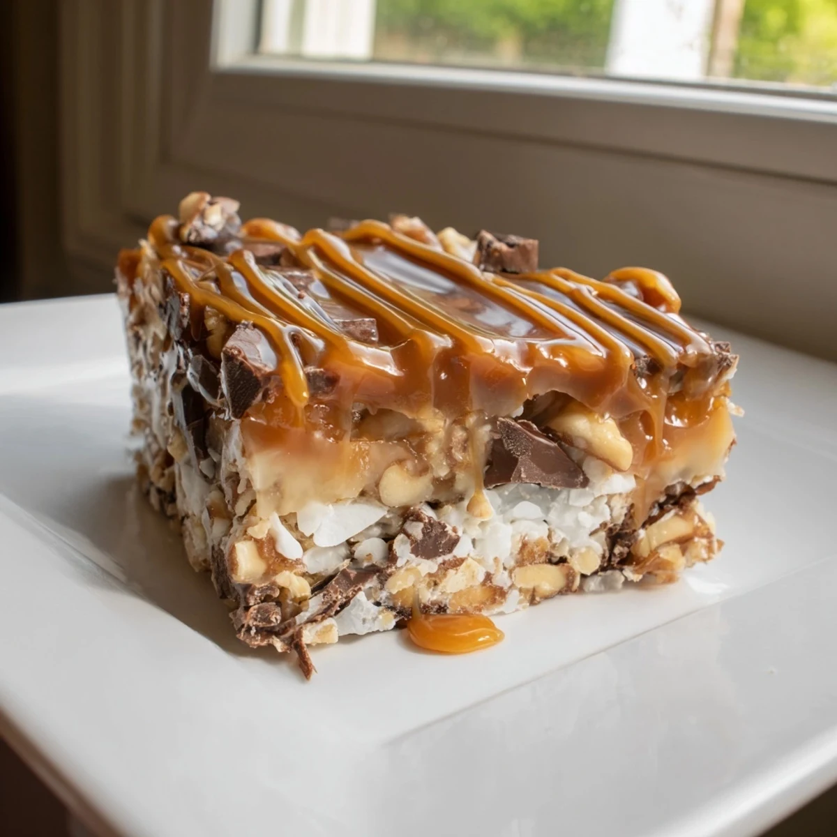 Close-up of golden-baked 7-Layer Magic Bars showing layers with chocolate, coconut, and nuts.