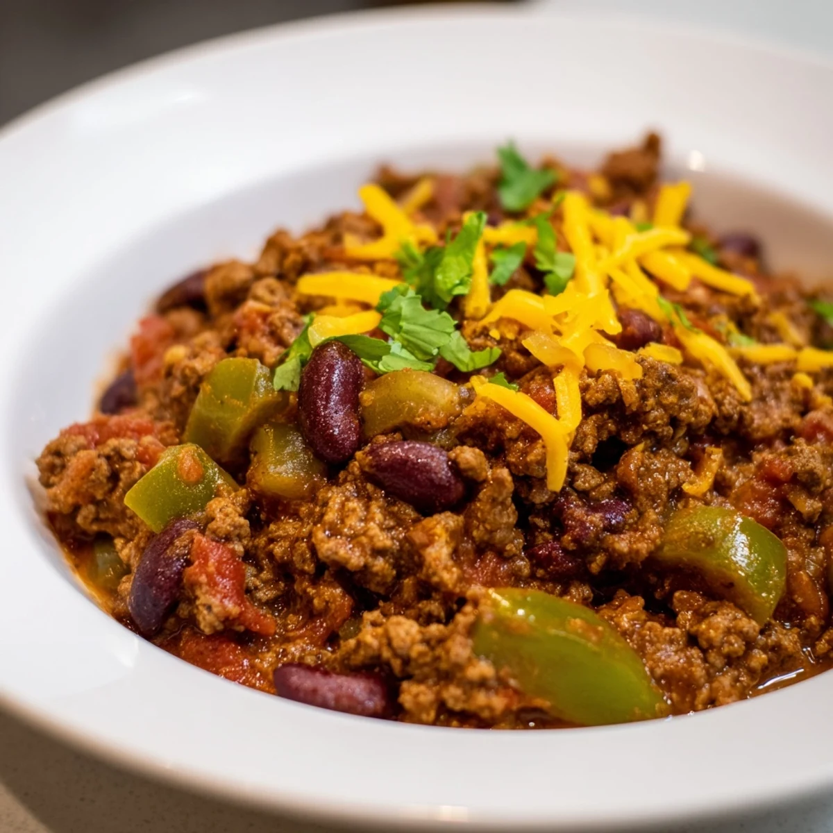 Steaming hot bowl of quick chili with canned beans, garnished with fresh cilantro, ready to eat.