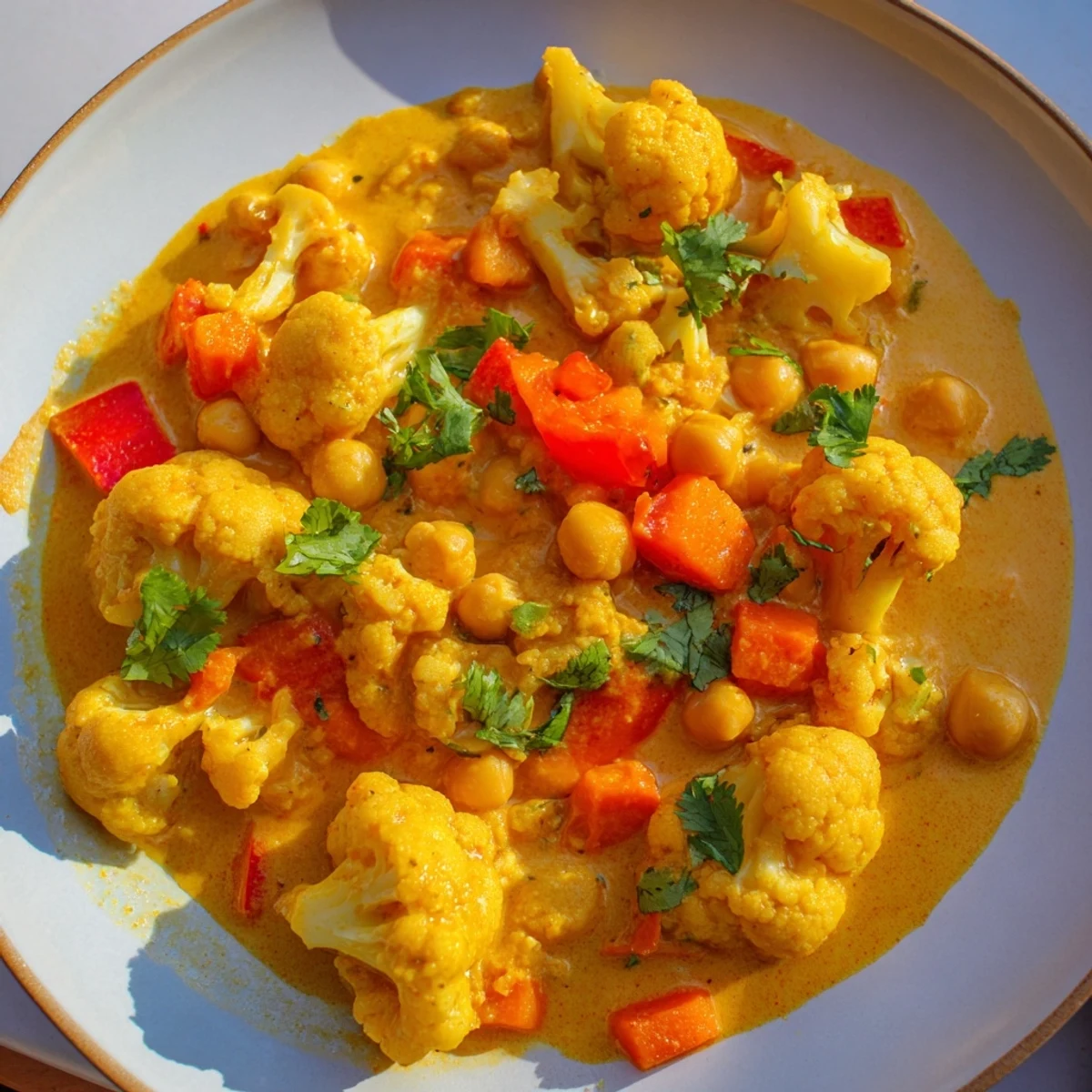 Steaming Curried Cauliflower and Chickpea Coconut Stew, garnished with fresh cilantro and lime wedges ready to eat.