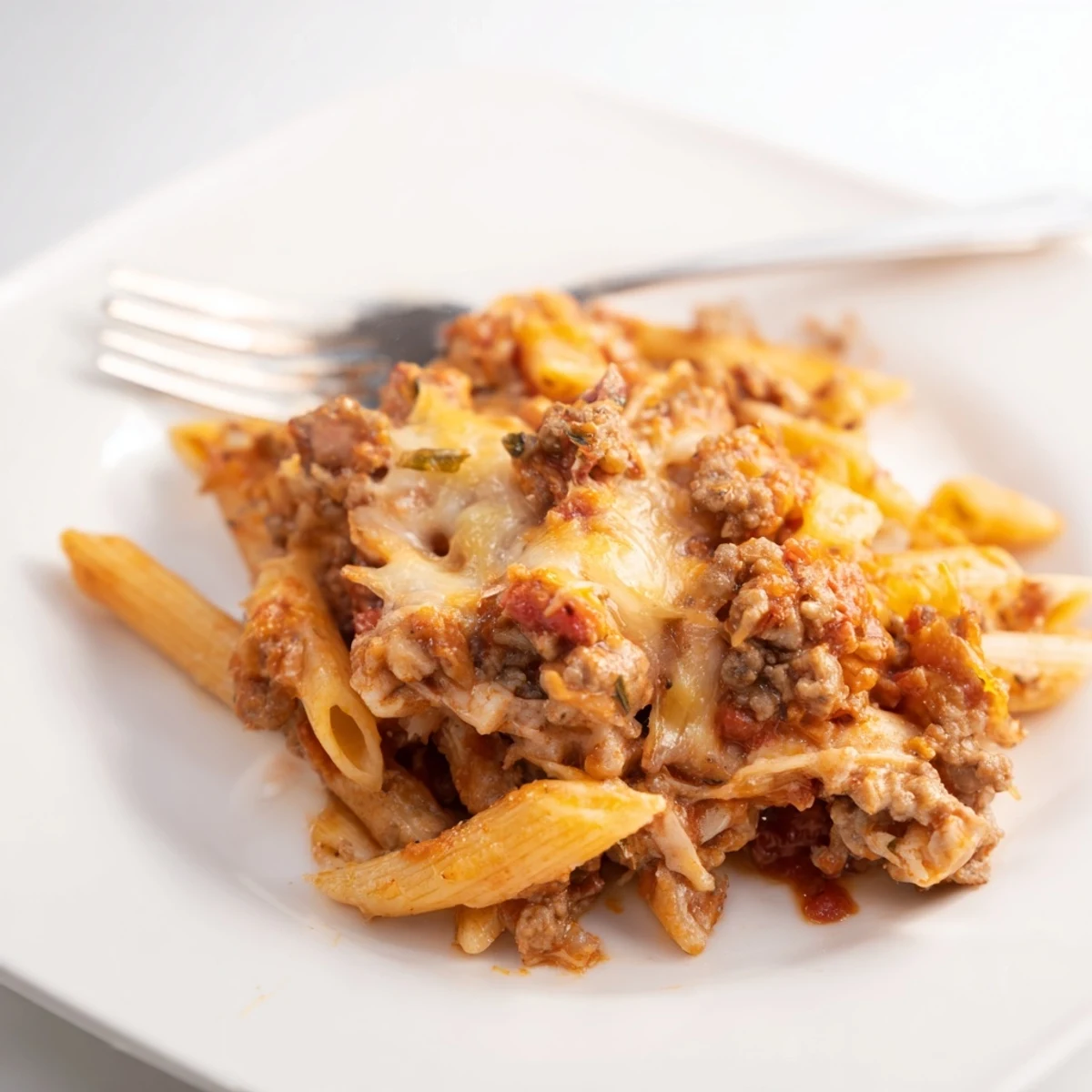 Close-up of a Budget Sausage and Cheese Pasta Bake, showing the tender pasta and savory flavors.