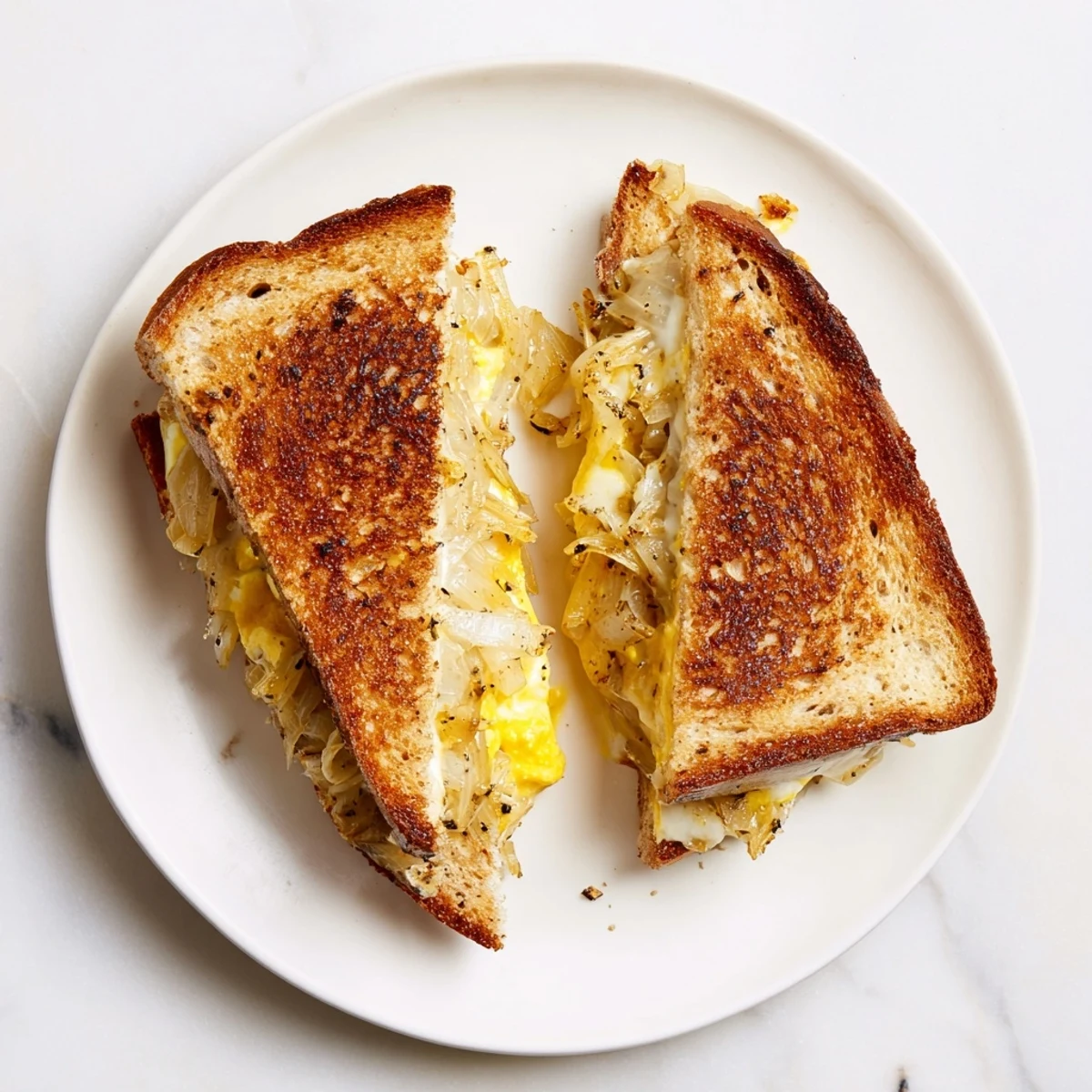 Golden-brown French Onion Grilled Cheese, oozing with melted Gruyère, showcasing the perfect comfort food.