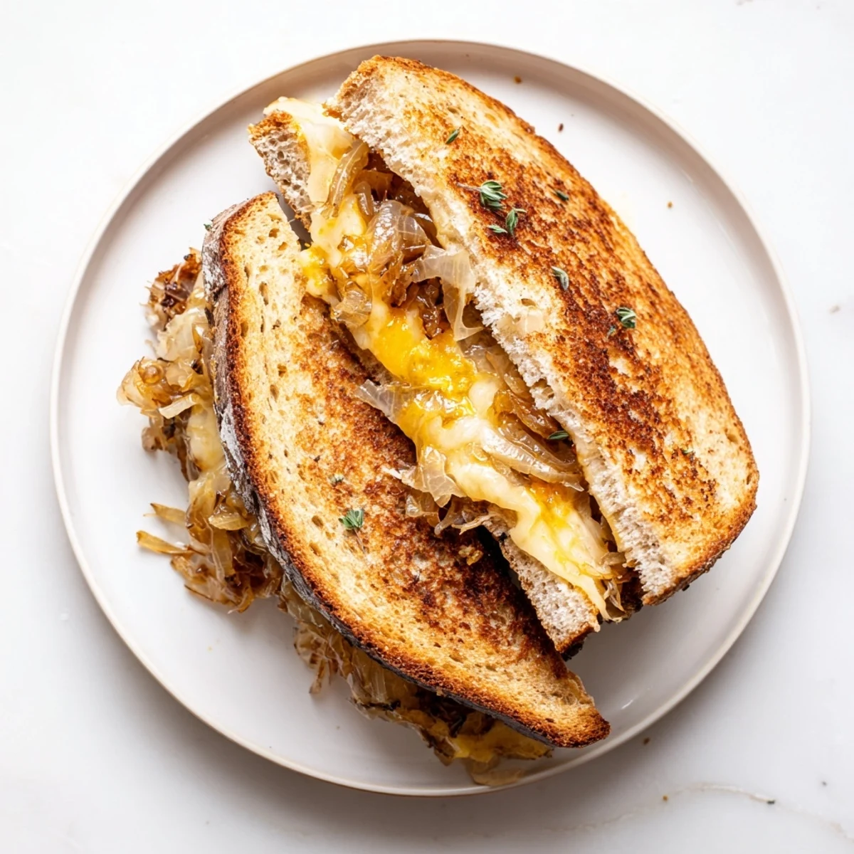 A close-up of a French Onion Grilled Cheese, with toasted bread and bubbly, cheesy goodness inside.