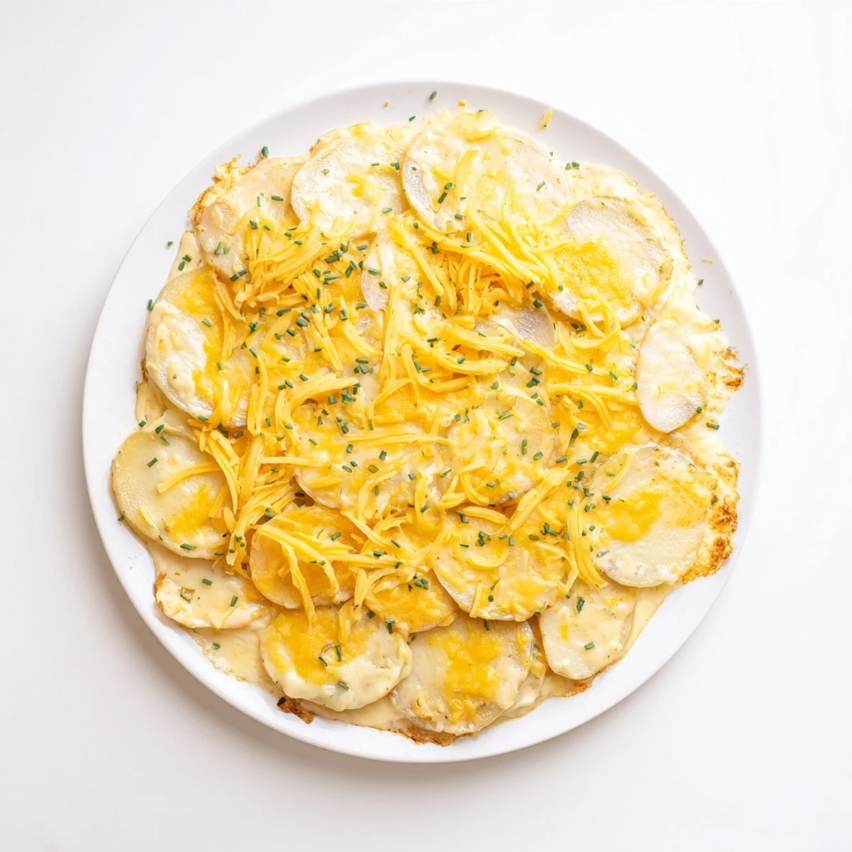 A close-up of creamy cheesy scalloped potatoes, with melted cheese and tender potato layers.