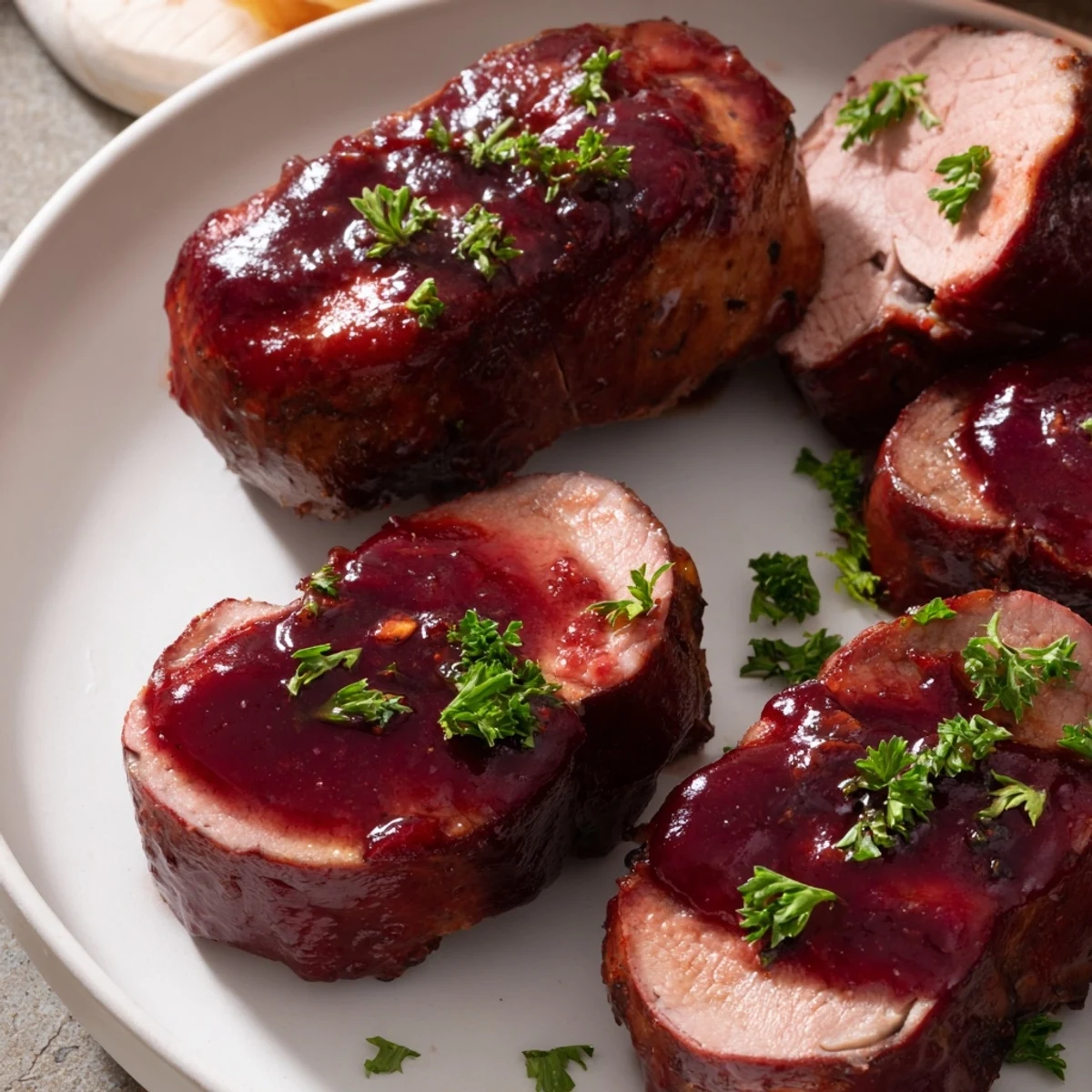 Juicy slices of Tart Cherry Date Glazed Pork Tenderloin glistening with a sweet and savory glaze.
