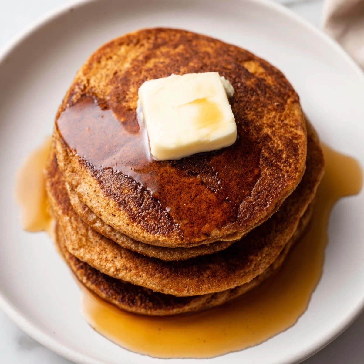 Fluffy gingerbread pancakes, golden brown and drizzled with syrup, make a warm breakfast treat.