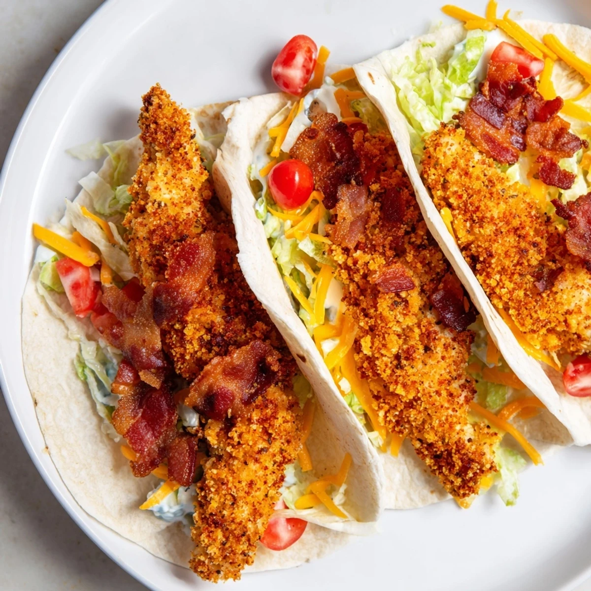 Golden-brown Crispy Chicken Bacon Ranch Wrap, filled with bacon and cheese, awaits a delicious bite.