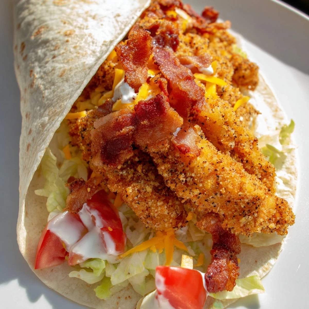Freshly made Crispy Chicken Bacon Ranch Wraps, cut in half, showcasing crispy chicken and savory bacon.
