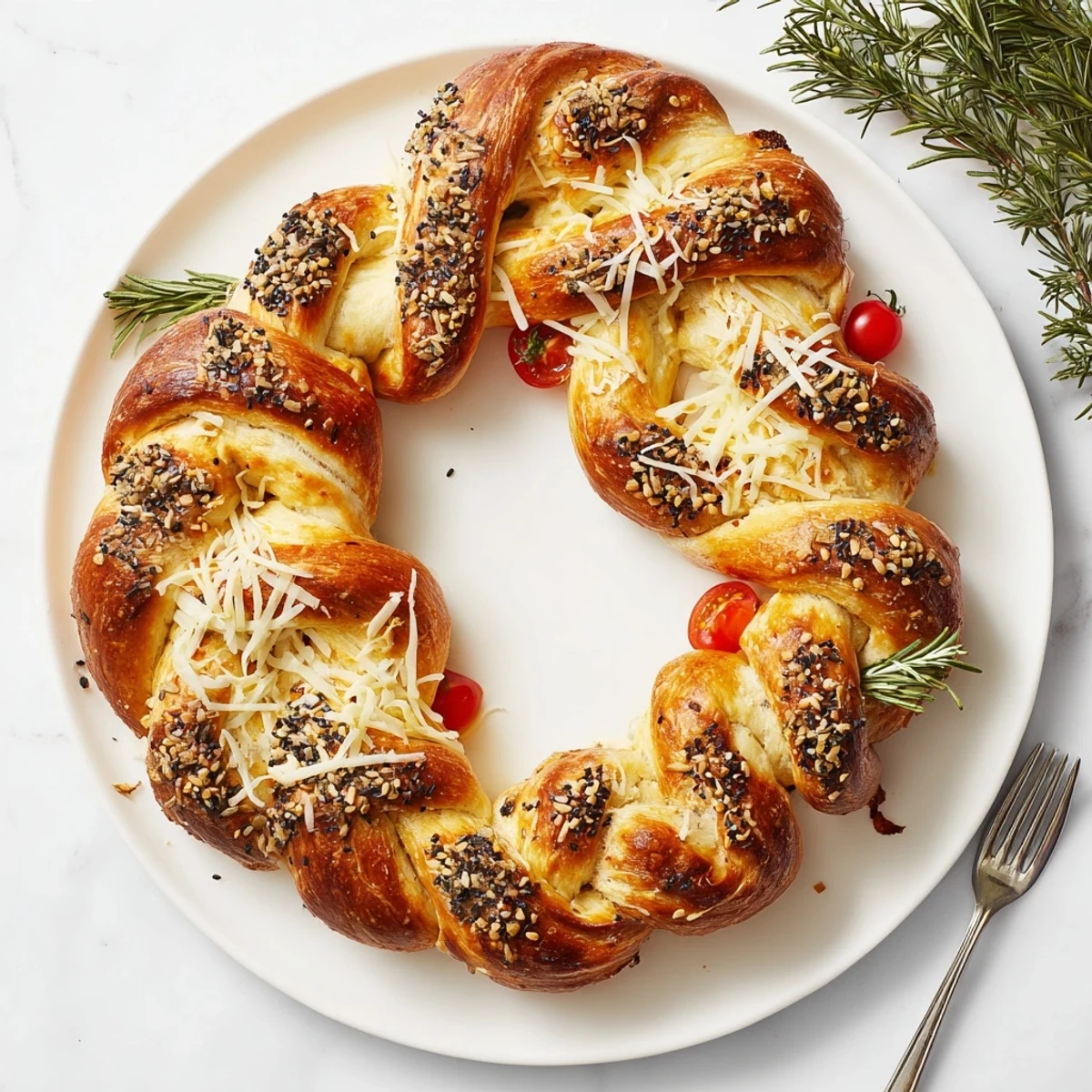 A golden-brown Budget Holiday Pretzel Wreath, ready to share, sprinkled with coarse salt for flavor.