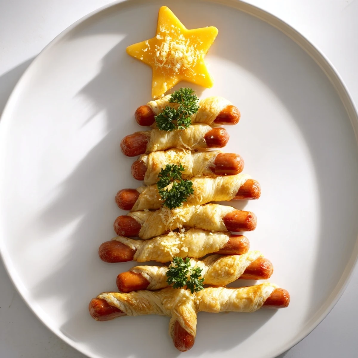 Flaky puff pastry wraps mini sausages, forming a delicious Express Pigs in Blanket Christmas Tree, served with dipping sauce.
