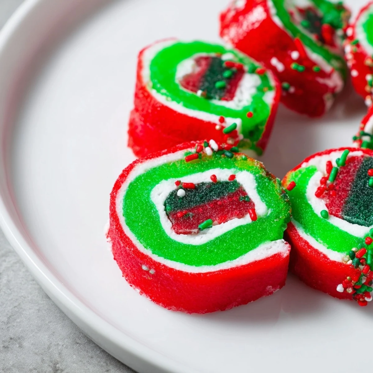 Delicious, kid-friendly Christmas Fruit Rollup Sushi, a beautifully arranged plate of sweet, colorful fruit snacks.